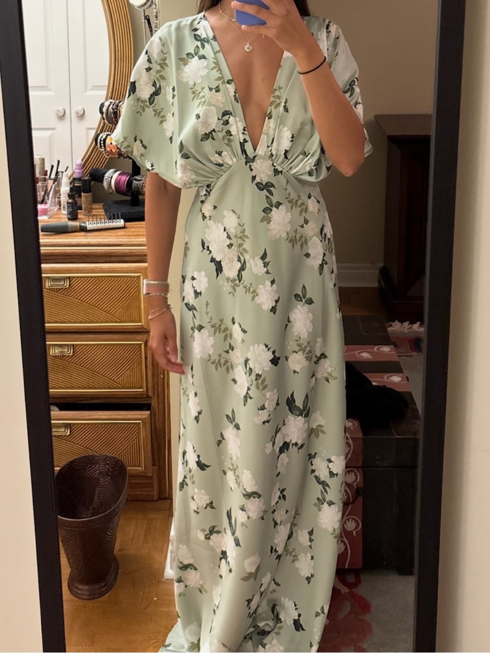 Anthropologie Amelia Deep-V Flutter-Sleeve Satin A-Line Gown